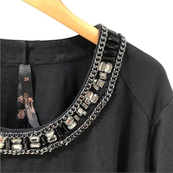 Seven by Melissa McCarthy Jeweled Neck Top 3/4 Length Sleeve Black Size 3X - Picture 5 of 10